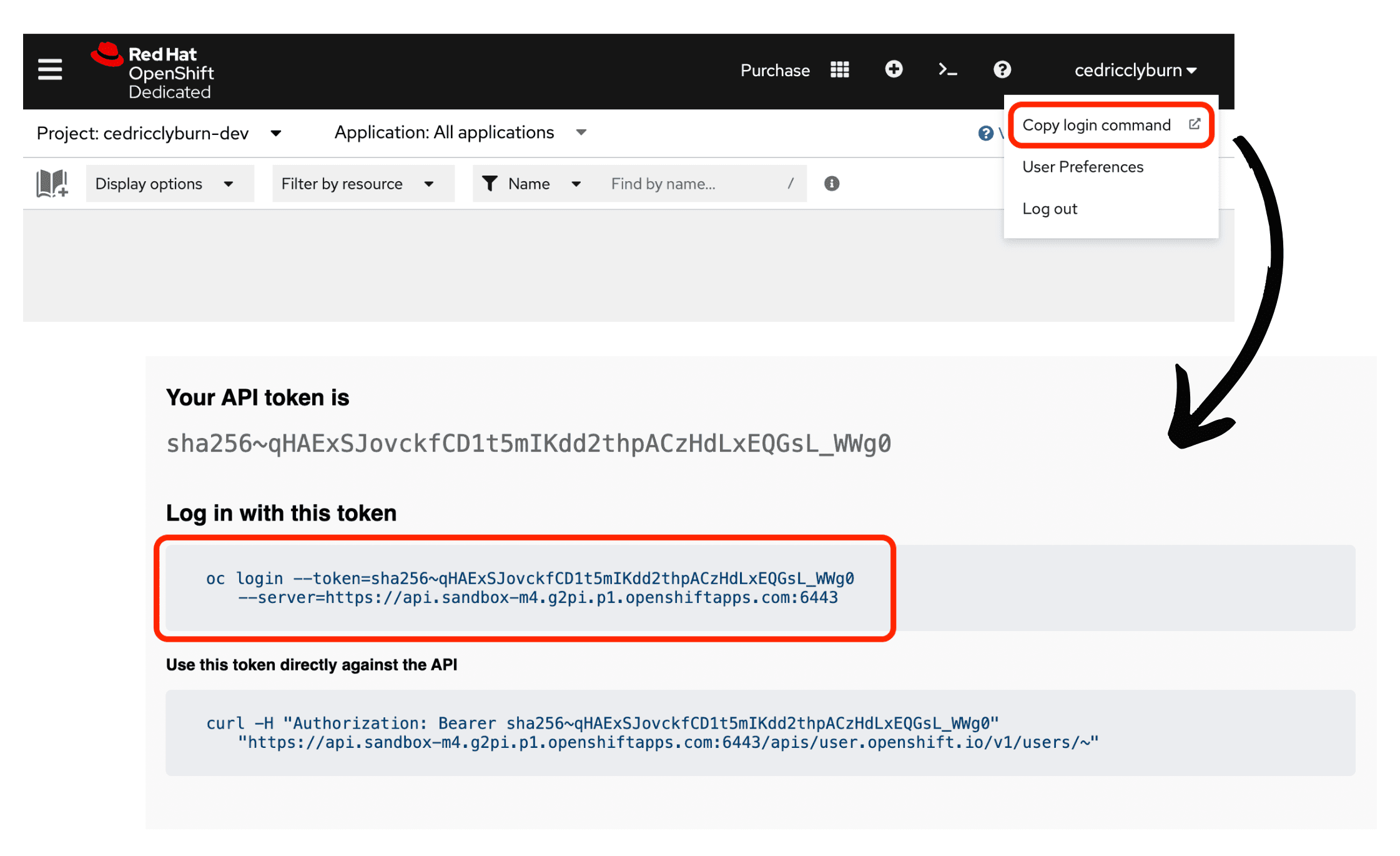 Retrieving the OpenShift authentication token from the OpenShift web console.