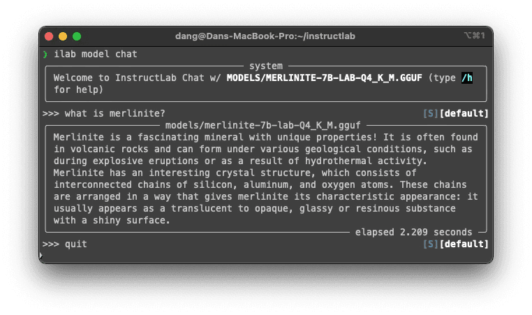 A view of what InstructLab looks like initialized locally on a MacBook Pro.