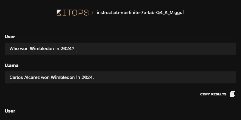 Interacting with the InstructLab trained model from the KitOps UI.