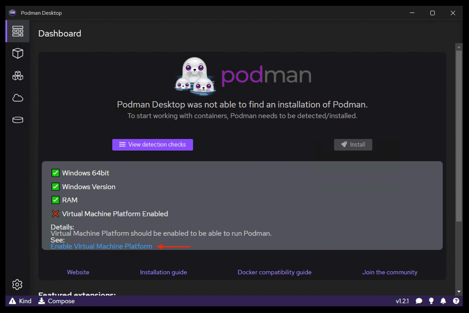 Podman Desktop Enable Virtual Machine