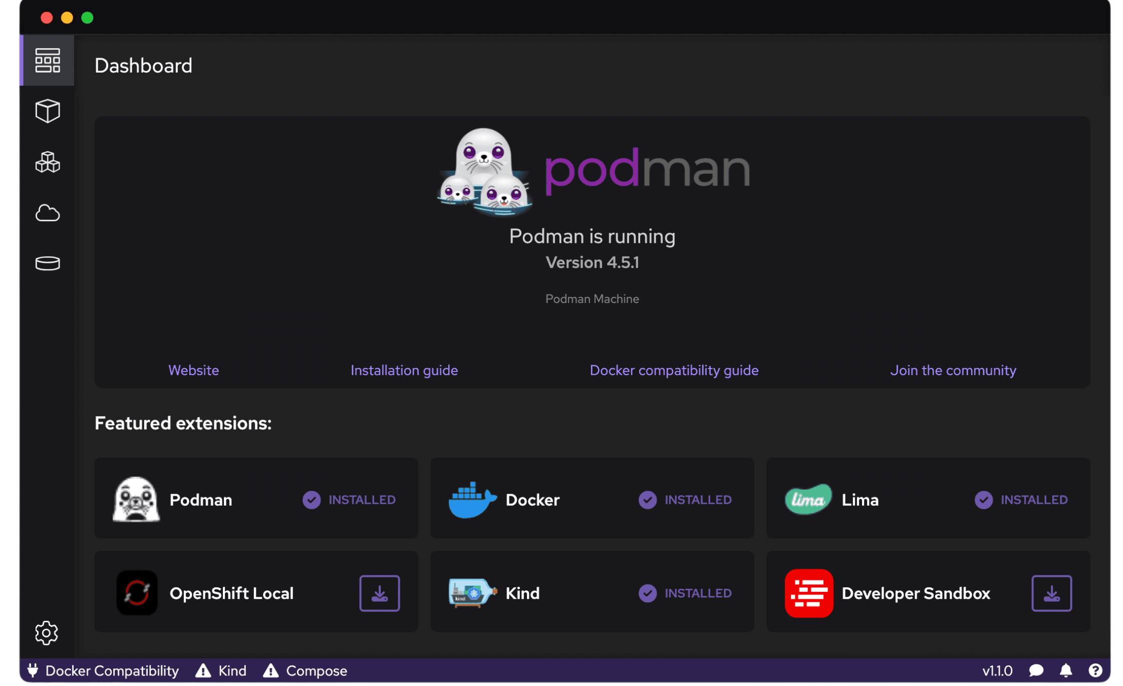 The Podman Desktop dashboard.